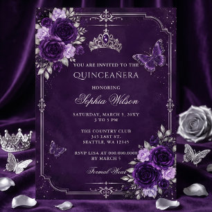 Silberne Lila Florale Schmetterlings-Quinceañera-F Einladung