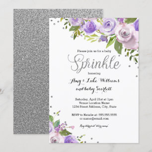 Silberne Lila Glitter Blumen Streusel Baby Shower Einladung