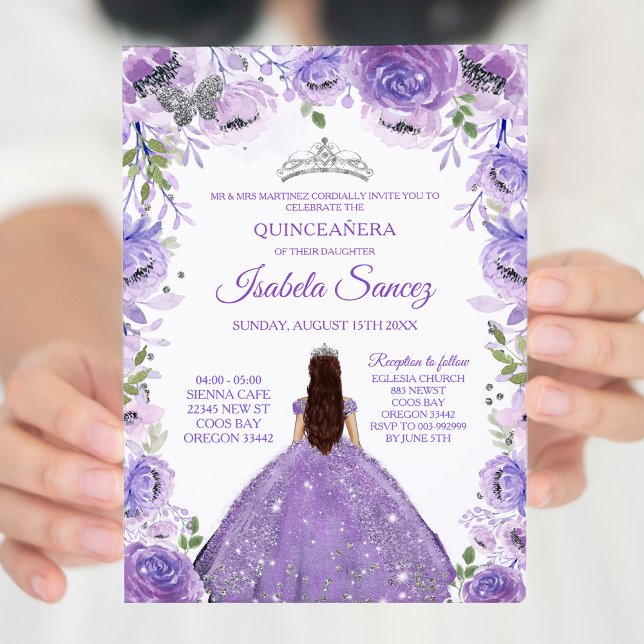 Silberne Lila mexikanische Charra Mis Quince Einla Einladung (Von Creator hochgeladen)