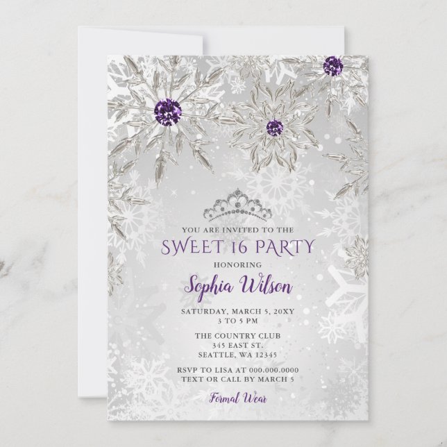 Silberne Lila Schneeflocken Tiara Sweet 16 Einladung (Vorderseite)
