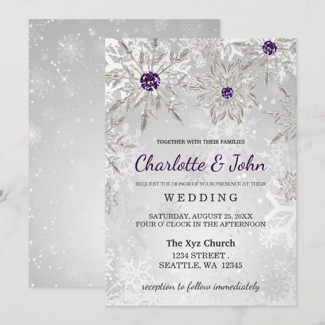 Silberne lila Schneeflocken Winterhochzeit Einladung (Vorne/Hinten)