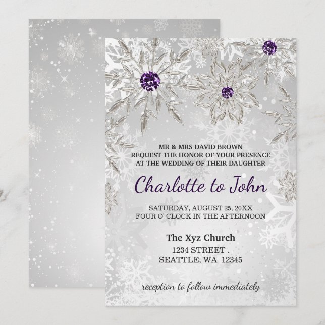 Silberne lila Schneeflocken Winterhochzeit Einladung (Vorne/Hinten)