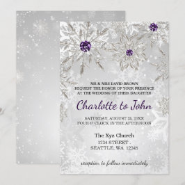 Silberne lila Schneeflocken Winterhochzeit Einladung
