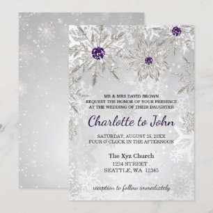 Silberne lila Schneeflocken Winterhochzeit Einladung