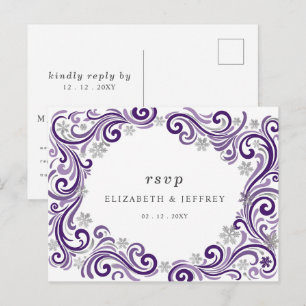 Silberne lila Schneeflocken Winterhochzeit RSVP Postkarte