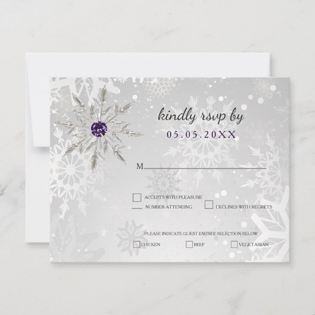 Silberne lila Schneeflocken Winterhochzeit uAwg RSVP Karte (Vorderseite)