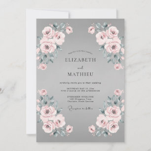 Silberne Malven-Ranunkel-Eukalyptus-Hochzeit Einladung