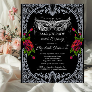 Silberne Maske Rote Rosen Gothic Sweet 16 Einladungspostkarte