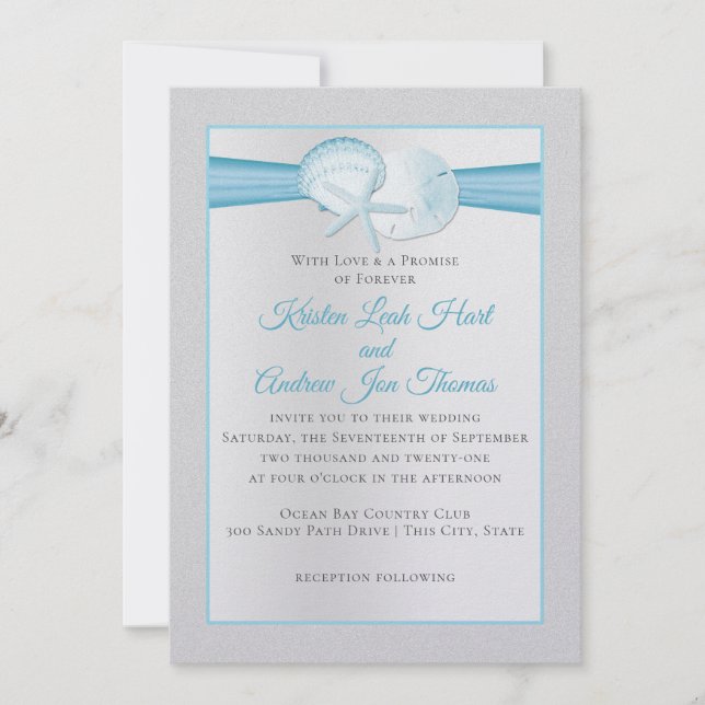 Silberne Muscheln Tropical Blue Beach Hochzeit Einladung (Vorderseite)