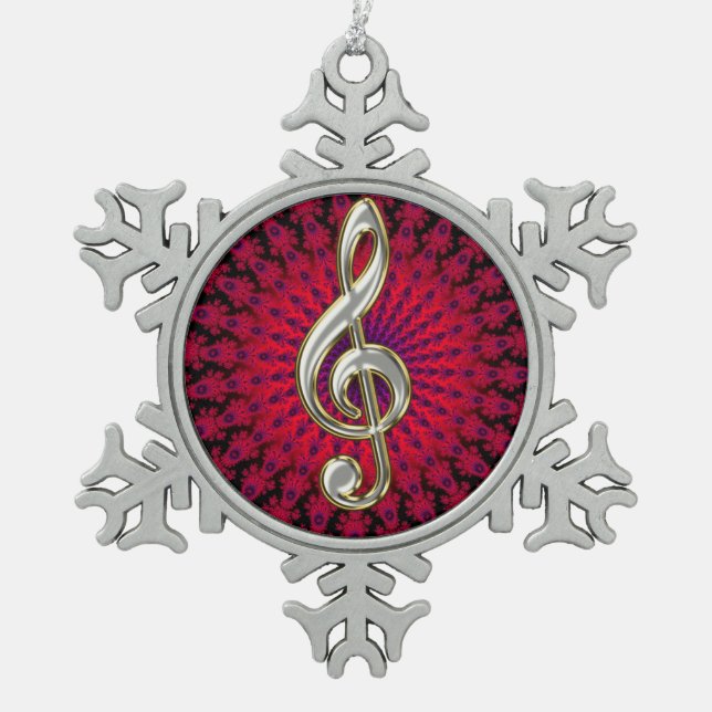 Silberne Musikdreifacher Schneeflocken Zinn-Ornament (Vorderseite)