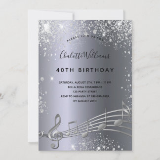 Silberne Musiknoten Metall Glitzer 40. Geburtstag Einladung