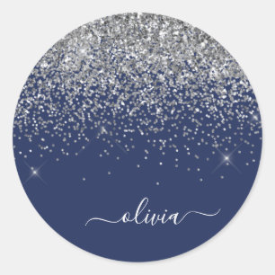 Silberne Navy Blau Glitter Girly Monogramm Name Runder Aufkleber