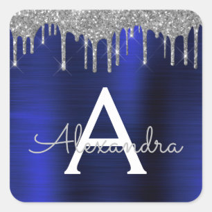 Silberne Navy Blau Glitter Glanz Monogramm Name Quadratischer Aufkleber
