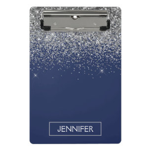 Silberne Navy Blau Glitzer Girly Monogramm Name Mini Klemmbrett