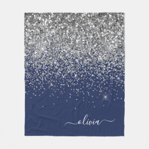 Silberne Navy Blau Glitzer Mädchen Monogramm Name Fleecedecke
