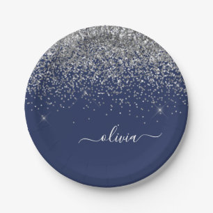 Silberne Navy Blau Glitzer Mädchen Monogramm Name Pappteller