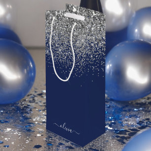 Silberne Navy Blau Mädchen Glitter Glanz Monogramm Geschenktüte Für Weinflaschen