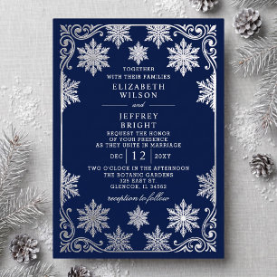 Silberne Navy-Schneeflocken Winterhochzeit Folieneinladung