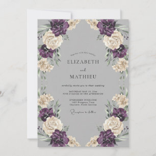 Silberne Pflaumen-Ranunculus-Eukalyptus-Hochzeit Einladung
