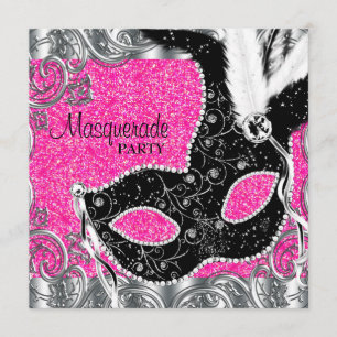 Silberne Pink- und Schwarze Masken- Maskenparty Einladung