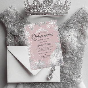 Silberne Pinke Winter-Schneeblume Quinceanera Folieneinladung