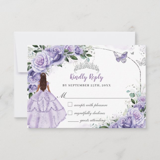 Silberne Quinceanera Lila Lavendel Blumenprinzessi RSVP Karte (Vorderseite)