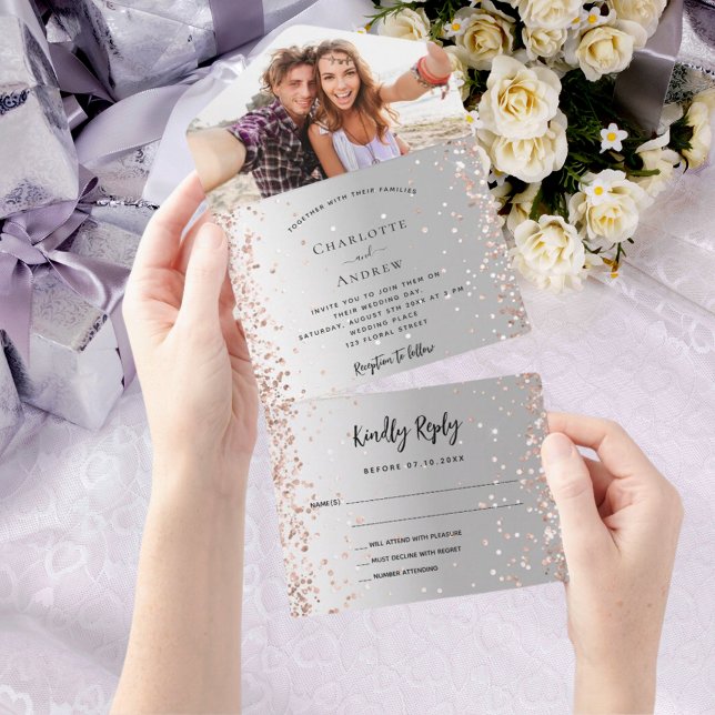Silberne Rose Gold Foto Hochzeit All In One Einladung (Von Creator hochgeladen)