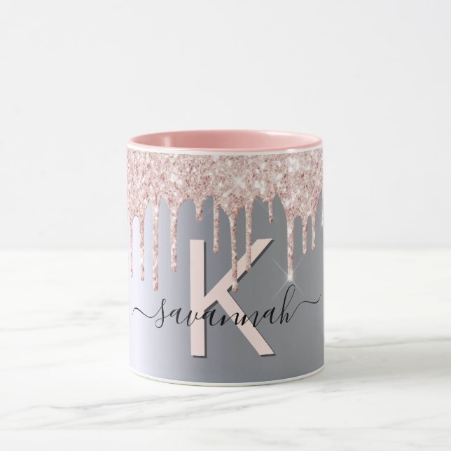 Silberne Rose Gold Glitzer Rosa Monogramm Funkeln Tasse (Zentrum)