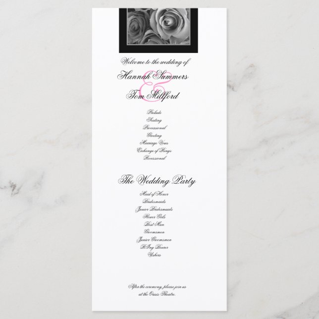 SILBERNE ROSEN und ROSA SPITZE Hochzeitsprogramm Programm (Vorderseite)