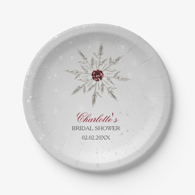 Silberne rote Schneeflocken Winter Brautparty Pappteller (Vorderseite)