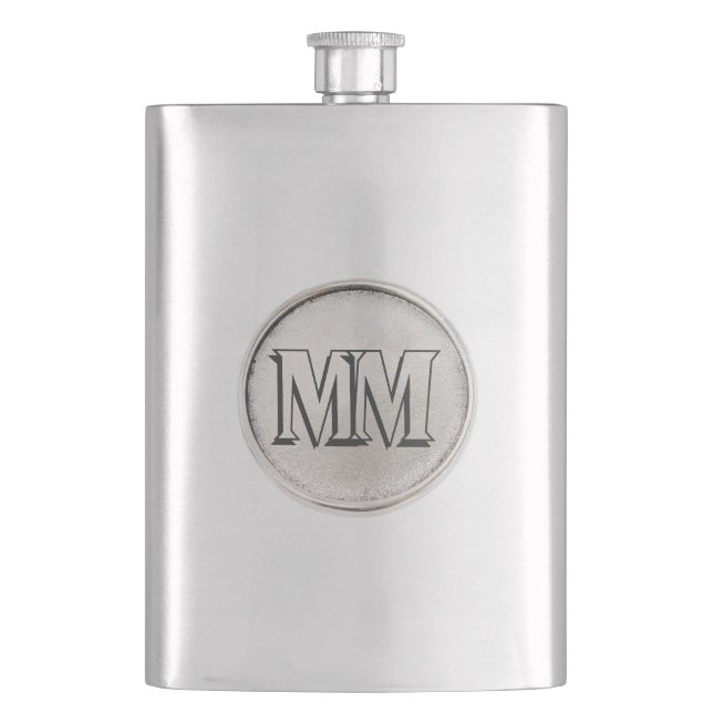 Silberne Runde mit Monogramm - Premium-Flasche Flachmann (Vorderseite)