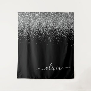 Silberne schwarze Glitter-Schriftzug-Monogramm-Mäd Wandteppich