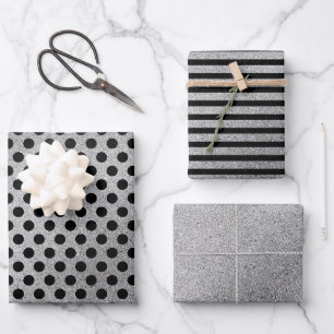 Silberne schwarze Tupfen Streifen Weihnachten Geschenkpapier Set