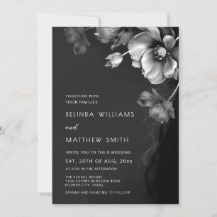 Silberne schwarze und weiße Blumen Hochzeitseinlad Einladung