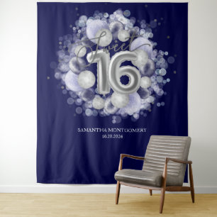 Silberne Sweet 16 Bday Ballons Königlich Blaues Hi Wandteppich