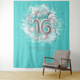 Silberne Sweet 16 Bday Ballons Party Türkis Hinter Wandteppich
