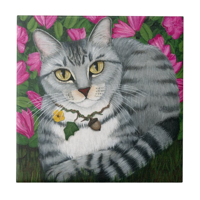 Silberne Tabby-Katzen-Garten-Katzen-Kunst-Fliese Fliese (Vorderseite)