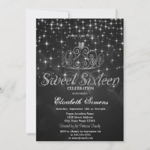 Silberne Tiara Sterne Prinzessin Schwarz Sweet 16 Einladung