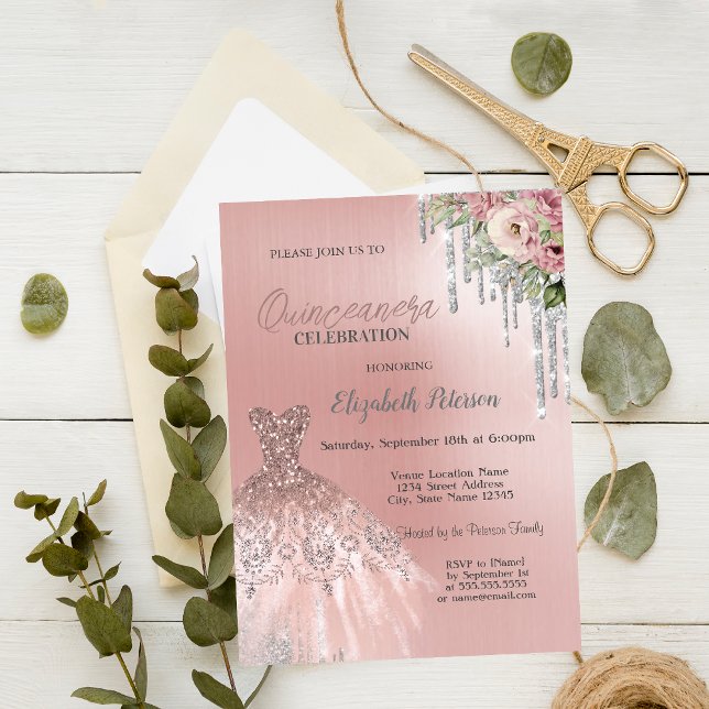 Silberne Tropfen, Blume anziehen Rosa Quinceanera Einladung (Von Creator hochgeladen)