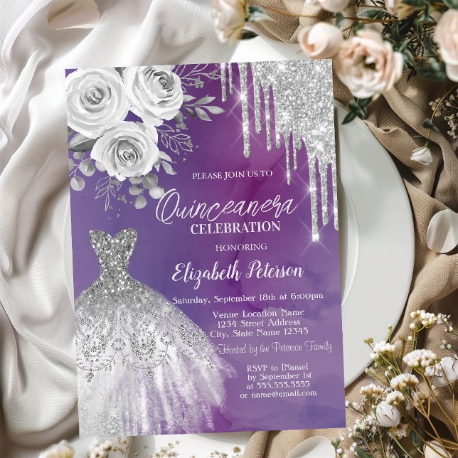 Silberne Tropfen, Kleid Rose Lila Quinceanera Einladung (Von Creator hochgeladen)