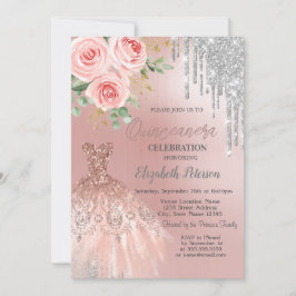 Silberne Tropfen, Kleid, Rosen, Quinceanera Einladung