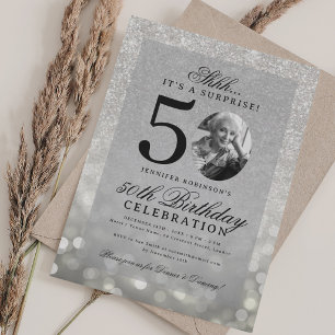 Silberne ÜBERRASCHUNG Foto Glam 50. Geburtstagsfei Einladung