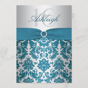 Silberne und aquamarine Damast-16. Einladung