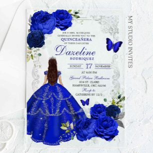 Silberne und königblaue Prinzessin Quinceañera Acryleinladungen
