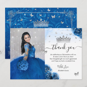Silberne und königliche blaue Quinceañera-Foto-Geb Dankeskarte