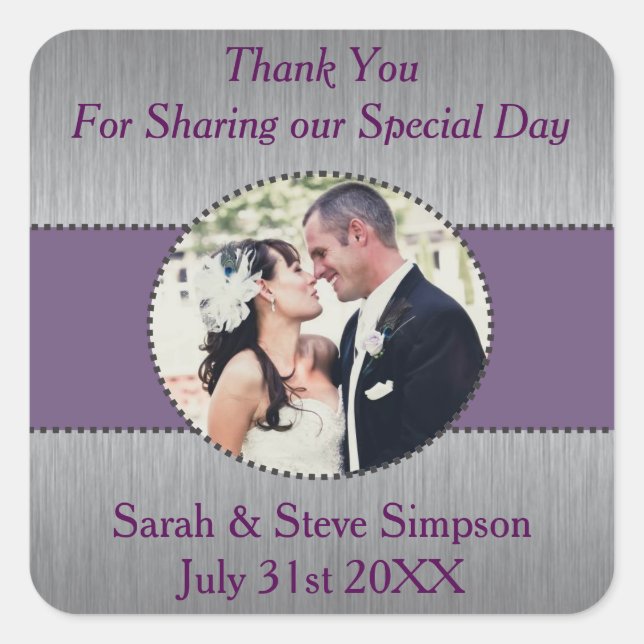 Silberne und Lila Foto Hochzeit Danke Stickers (Vorderseite)