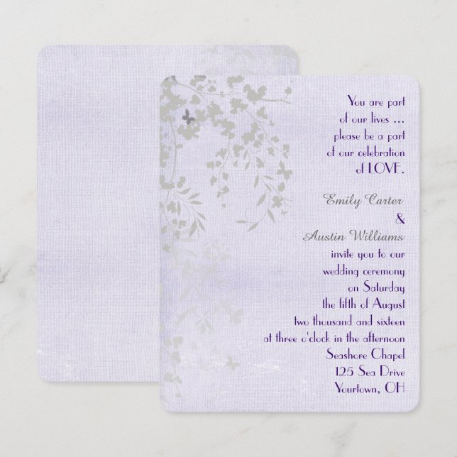 Silberne und Lila Hochzeitsschmetterlinge Einladung (Vorne/Hinten)