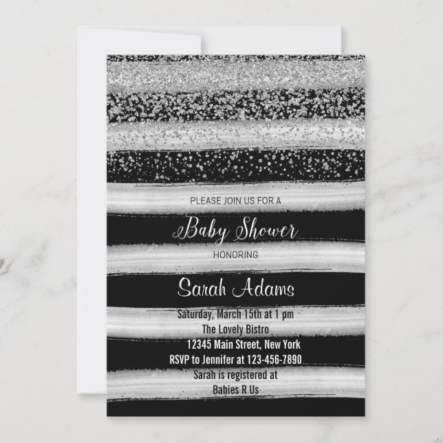 Silberne und schwarze Aquarell-Babyparty-Einladung Einladung (Vorderseite)