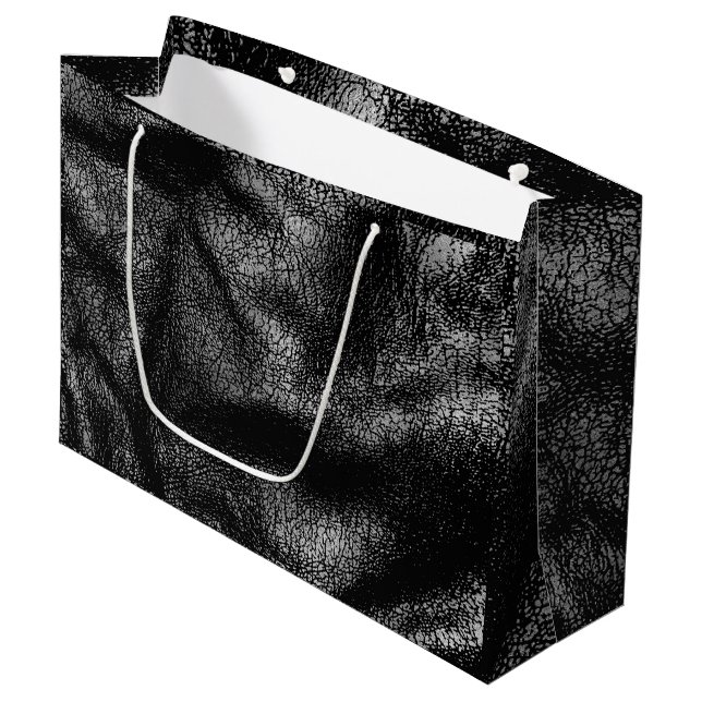 Silberne und schwarze lederne Beschaffenheit Große Geschenktüte (Vorderseite Schrägansicht)