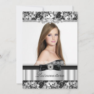 Silberne und schwarze Spitzen-Foto-Quinceanera-Ein Einladung